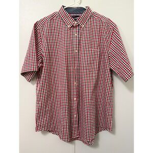 Mason James Mens L Blue Red White Gingham Short Sleeve Stretch Button Down Shirt